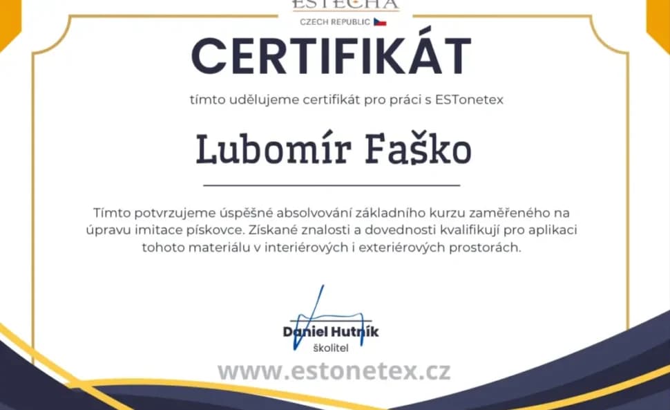 Certifikát ESTonex pro aplikaci imitace pískovce