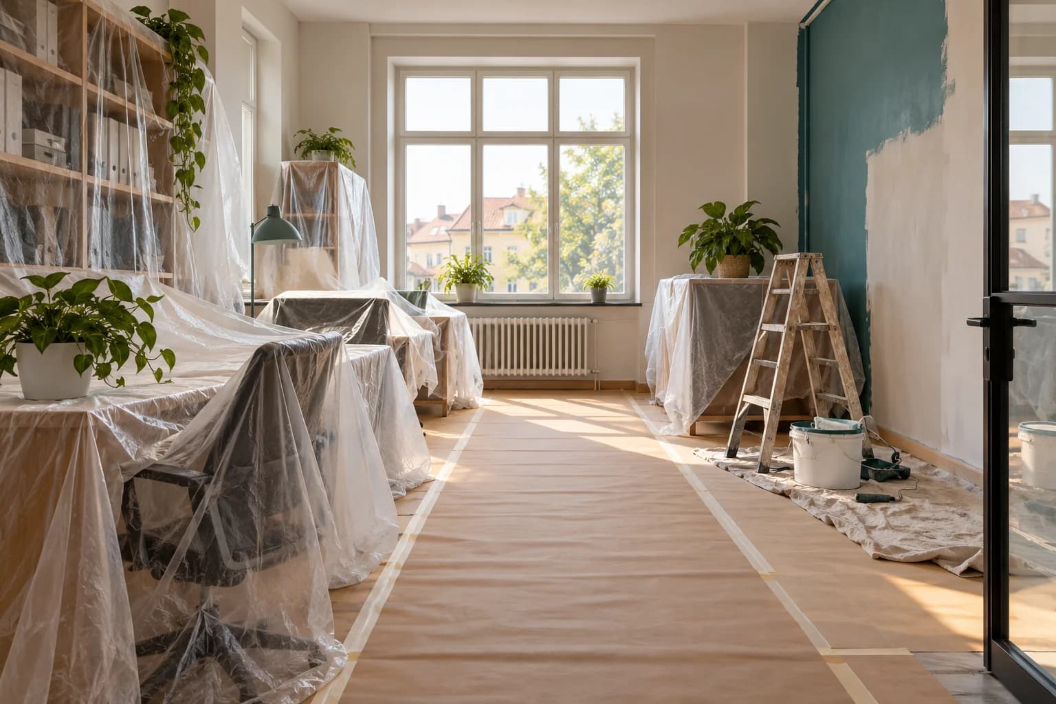 Kancelář připravená k renovaci se zakrytým nábytkem a volným průchodem
