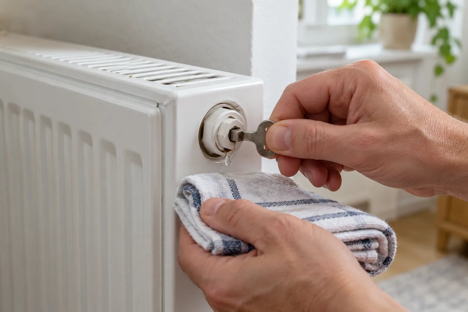 Ruka povoluje odvzdušňovací ventil radiátoru klíčem, pod ventilem drží složený hadřík