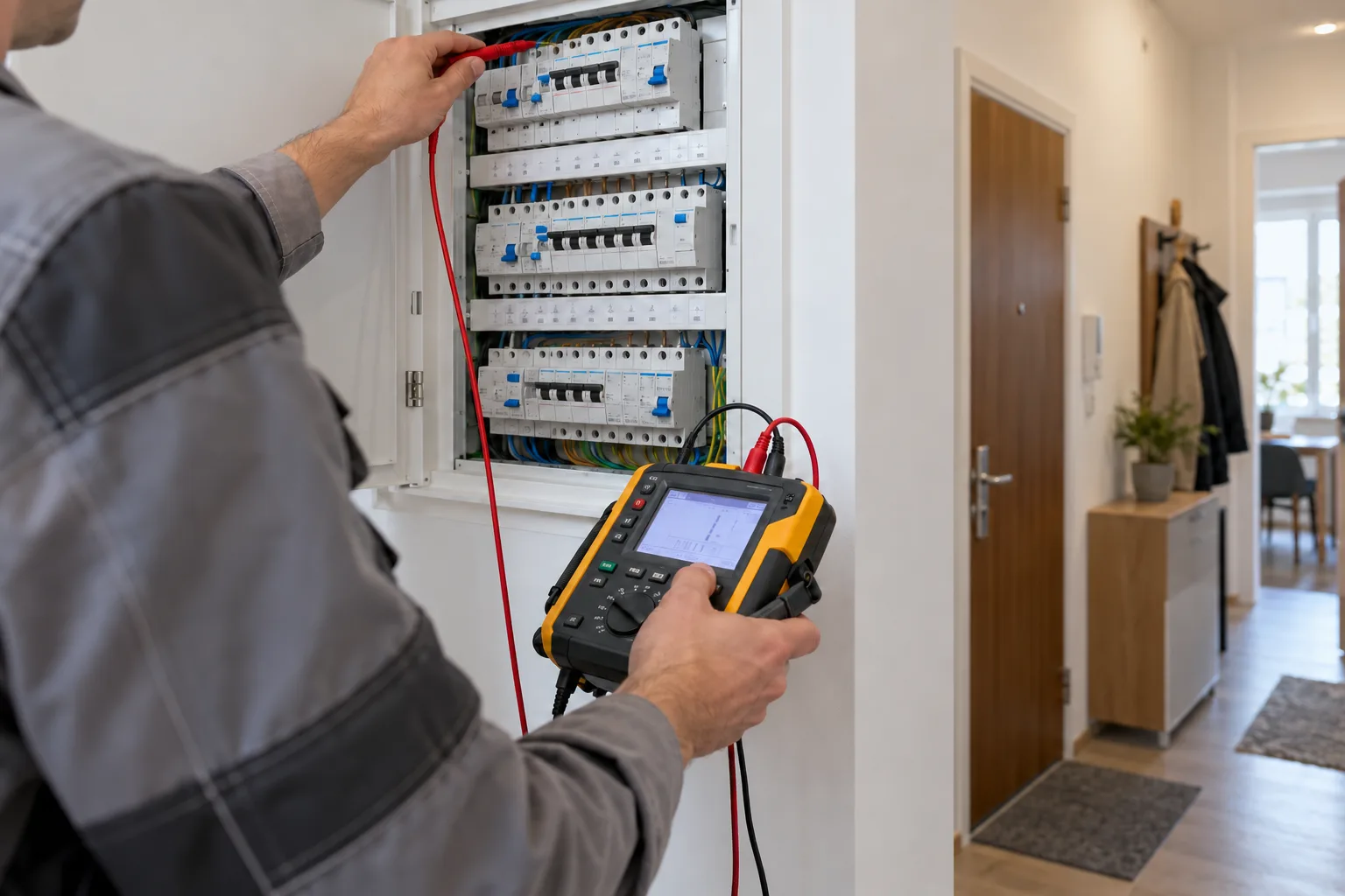 Elektrikář měří přístrojem jističe a proudové chrániče v domovním rozvaděči