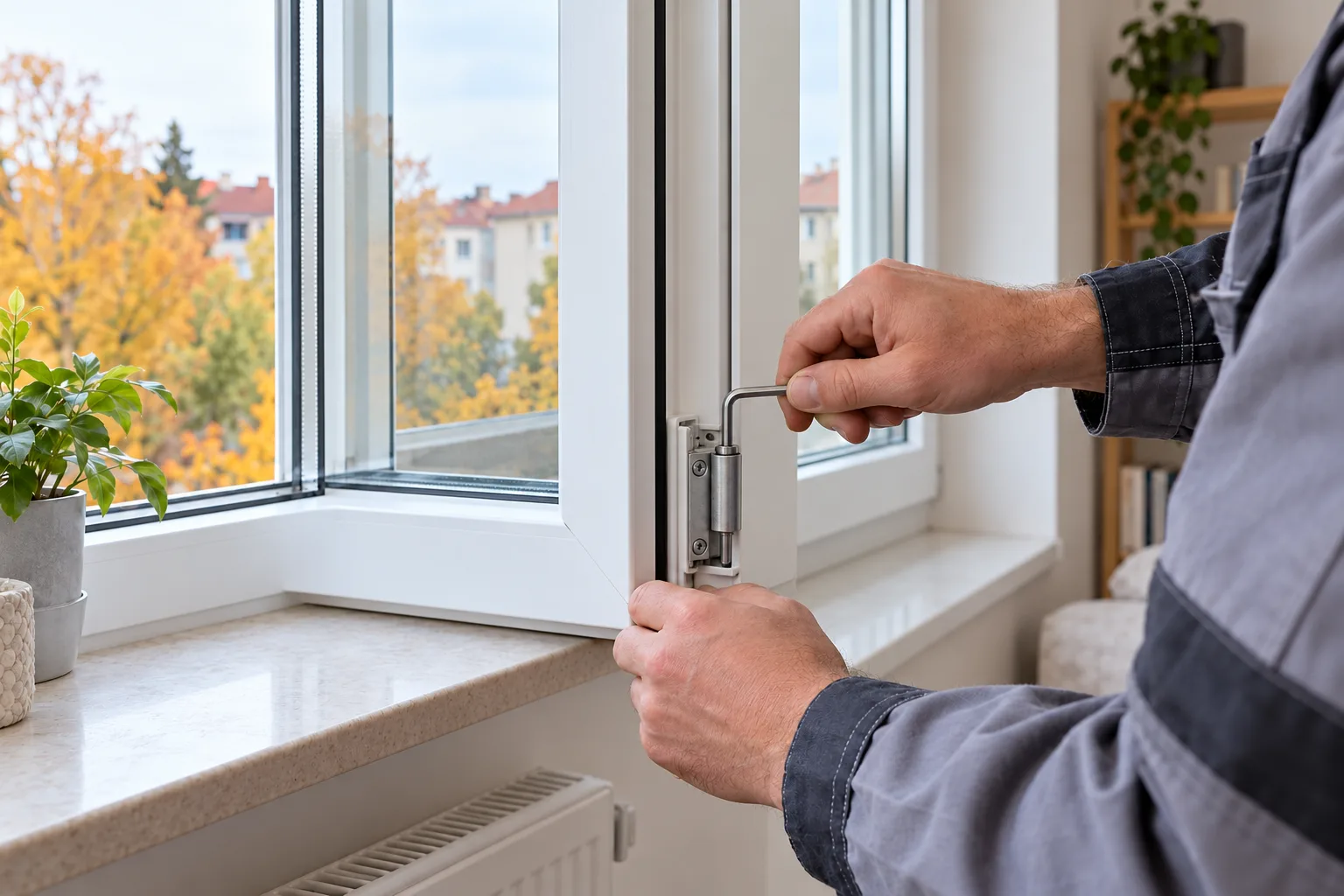 Řemeslník seřizuje kování bílého plastového okna imbusovým klíčem v bytě