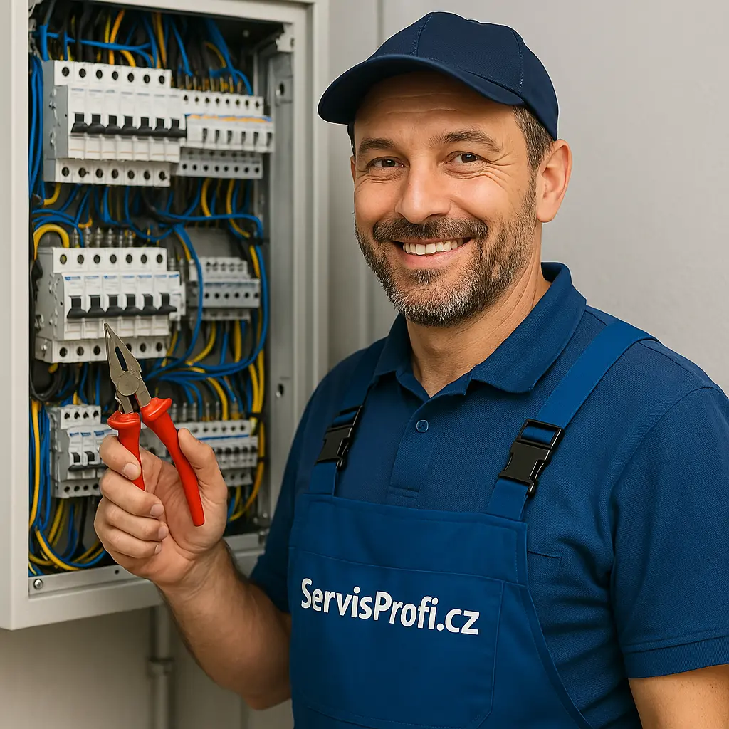 Usměvavý elektrikář v modrých montérkách s logem ServisProfi.cz pracuje u otevřeného rozvaděče, v ruce drží izolované kleště.